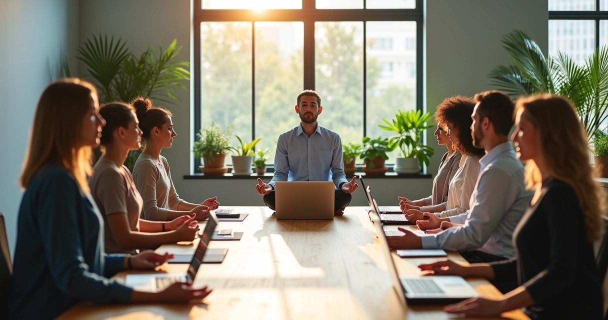 Business team practicing meditation in meeting room 