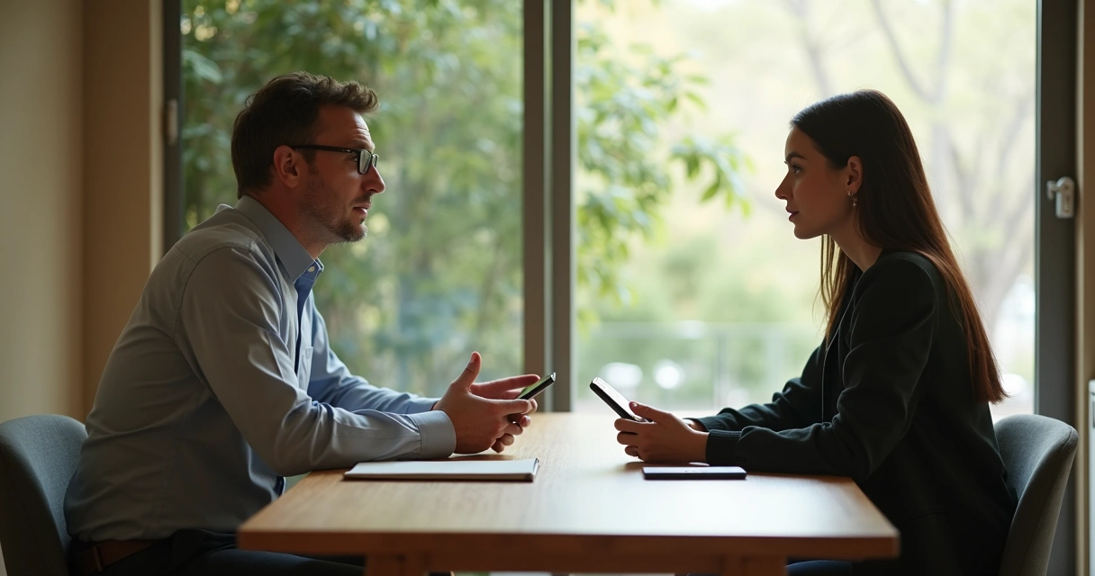 Two people speaking attentively at a table with phones set aside