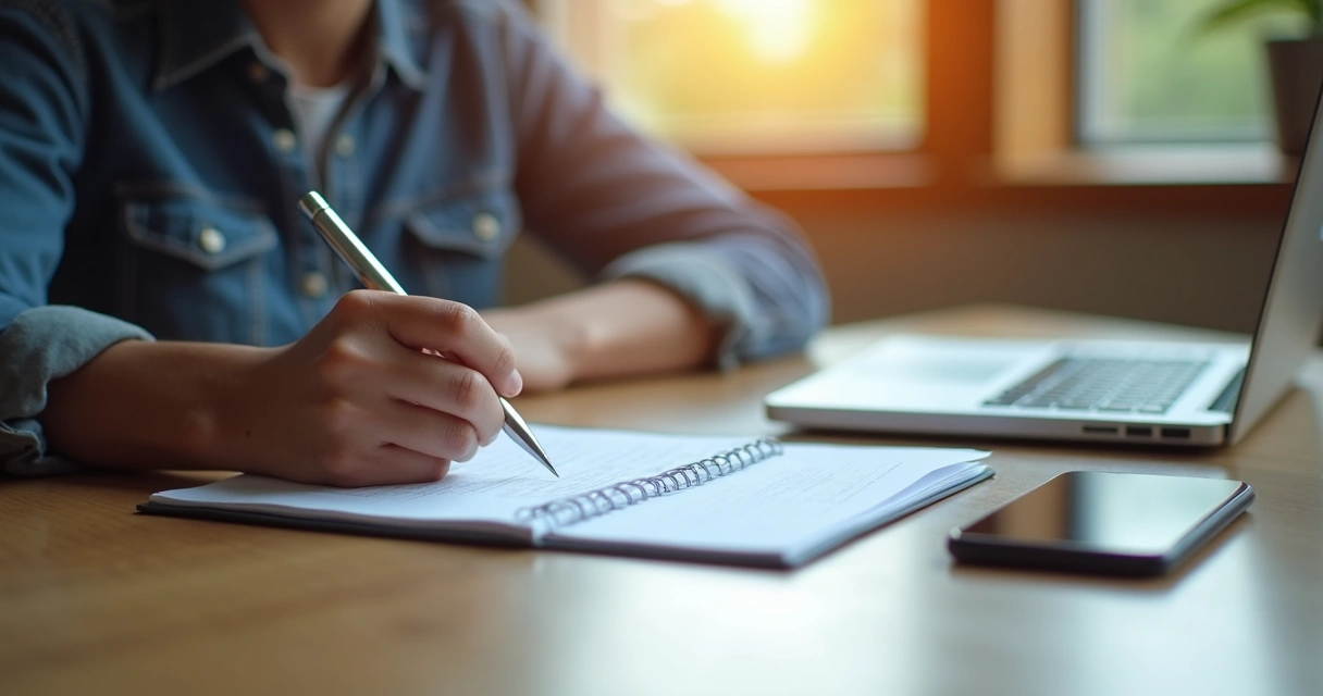 Person writing a decision note with phone notifications turned off