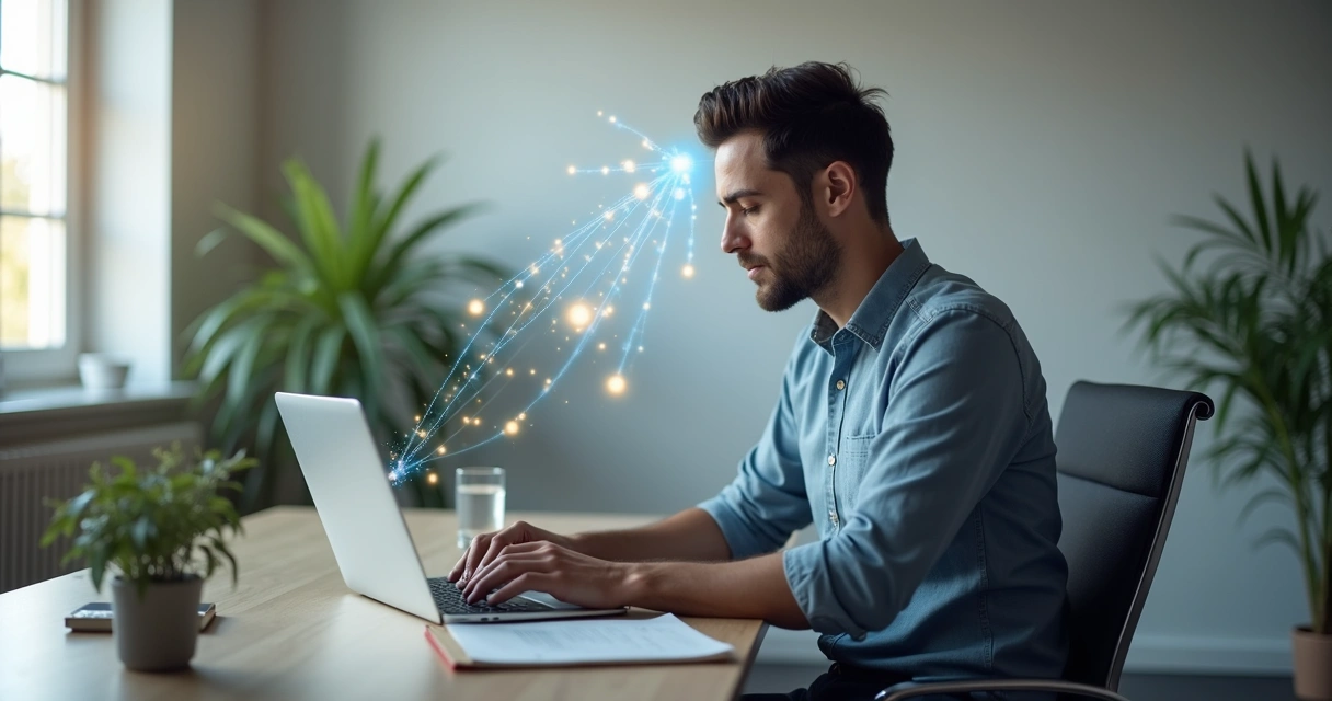Worker concentrating at a desk with soft visual cues of brain networks 