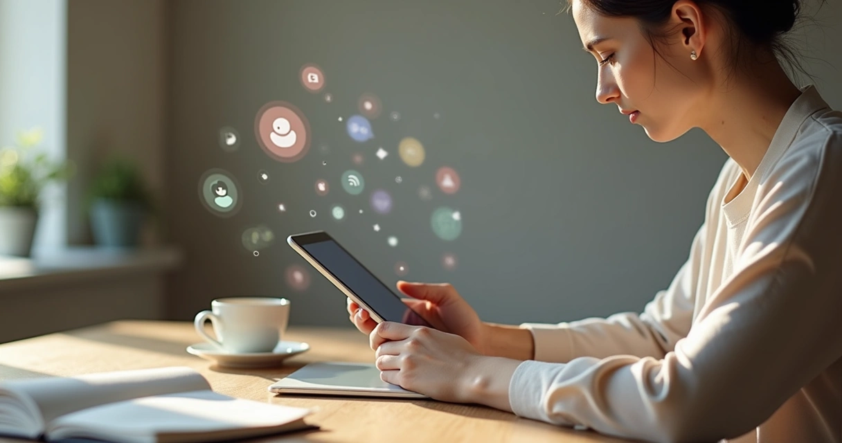 Person concentrating on a tablet surrounded by notifications 