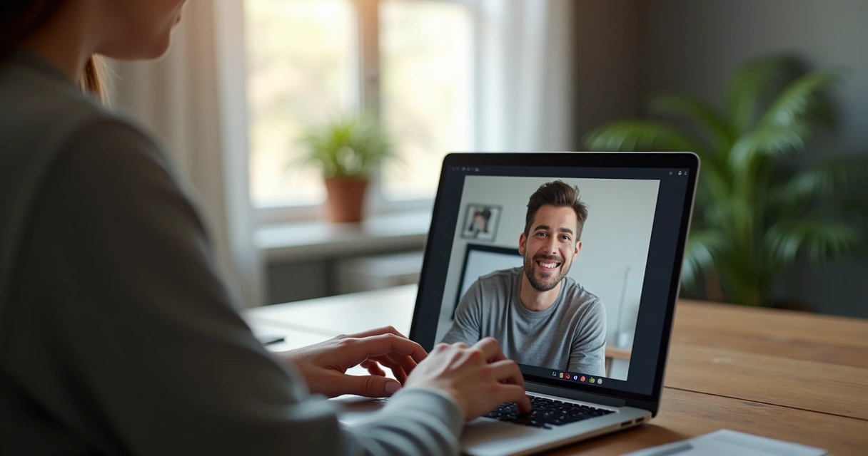 Two people on video call focusing on each other, with calm surroundings