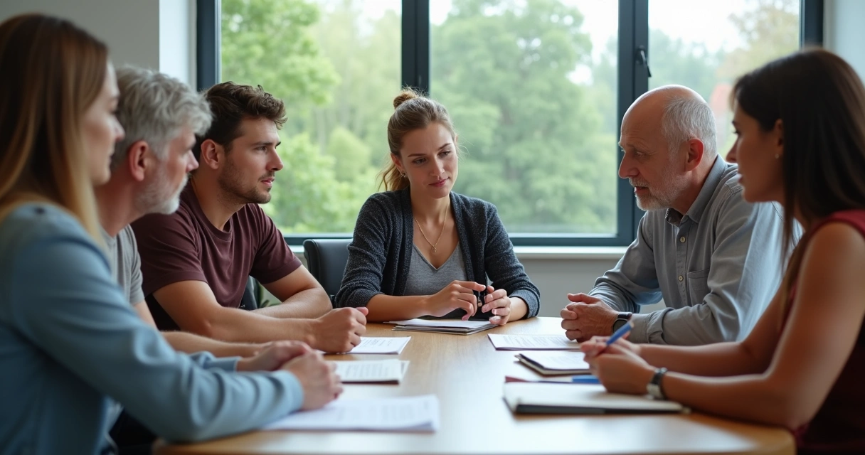 People sitting around a table in a group discussion, all paying full attention to speaker