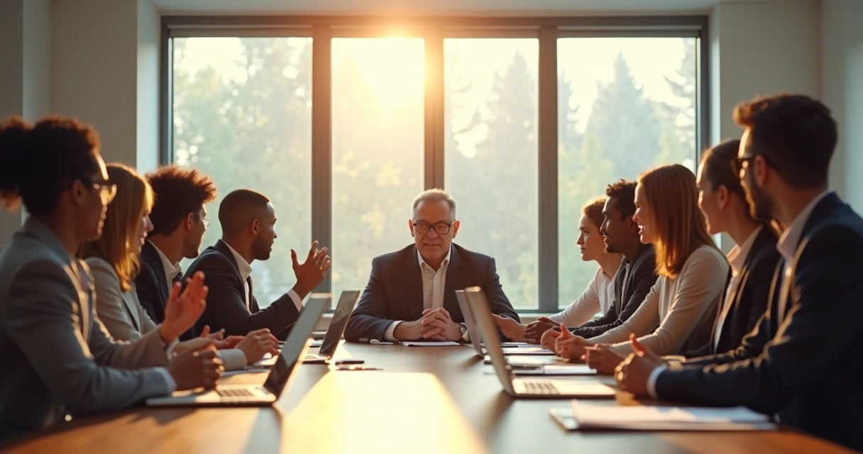 Leader being fully engaged with a group in a meeting room, showing attentive posture and direct eye contact 