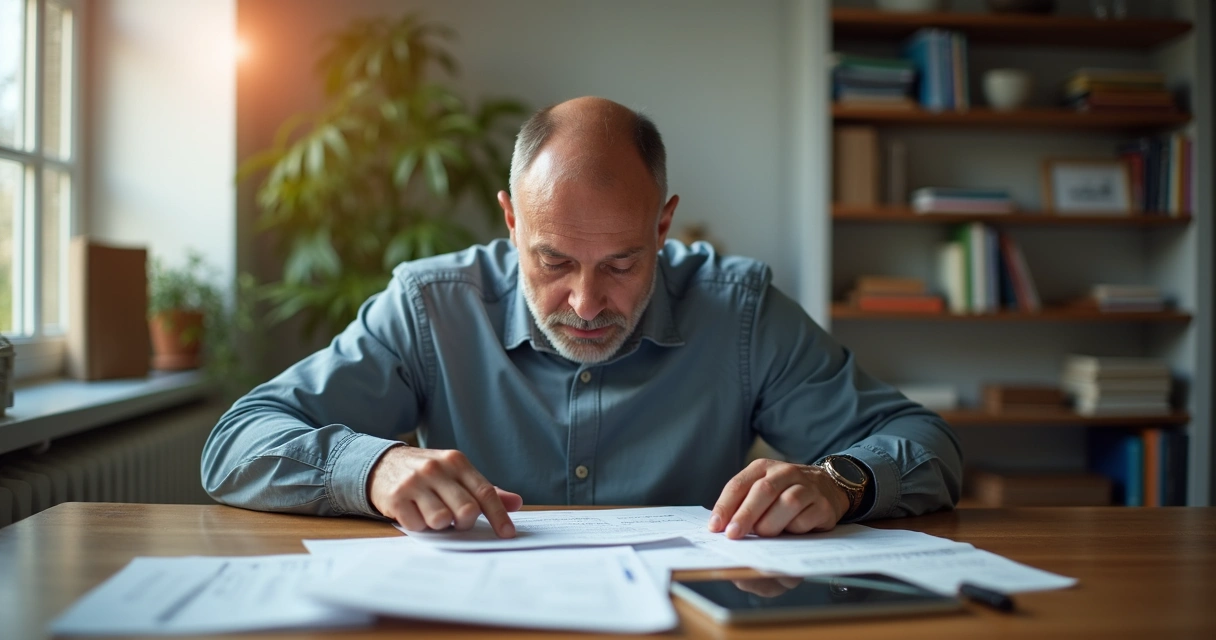 Person in a quiet room appearing focused, with gentle lighting, signs of concentration on their face, and papers organized on a table