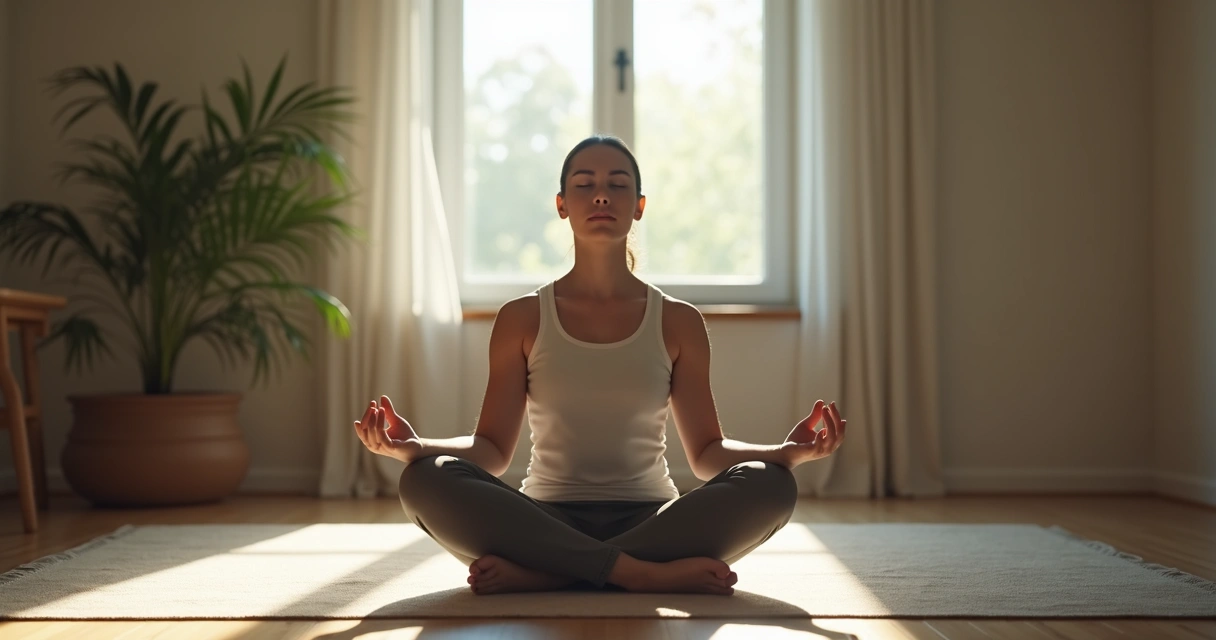 A person sitting cross-legged in meditation, focused and calm 
