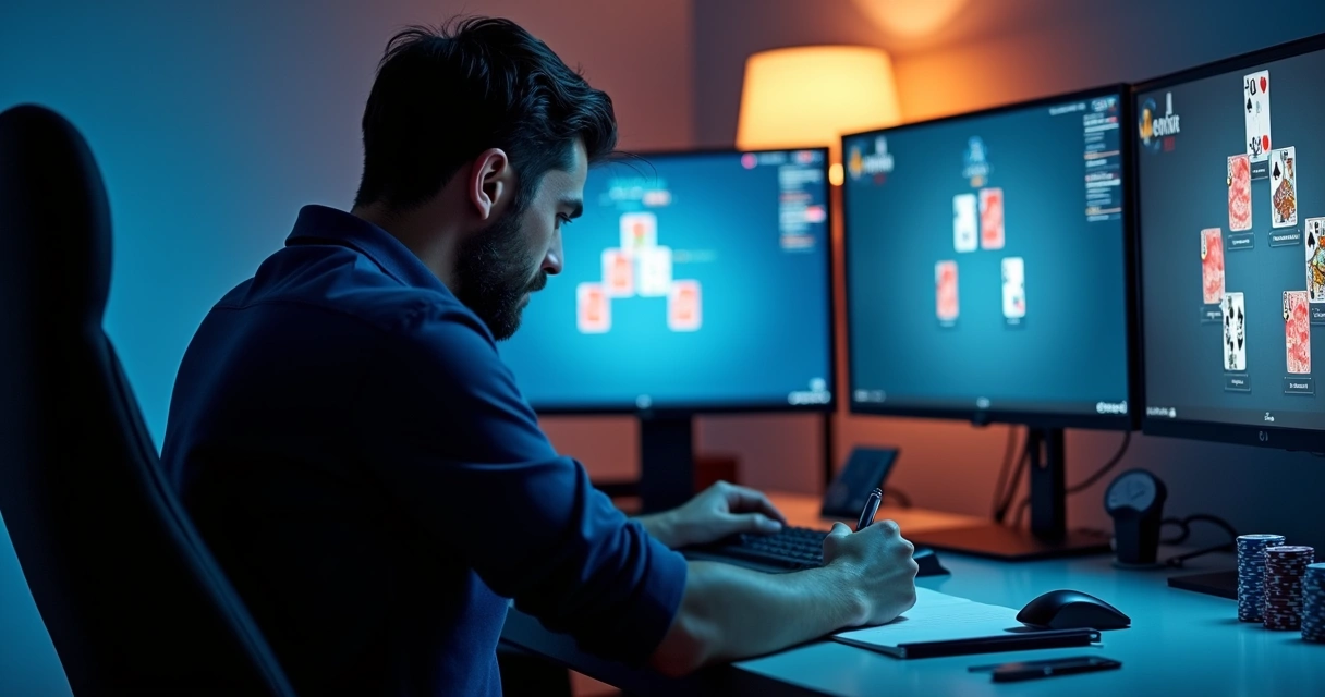 Player studying poker notes beside monitor and chips 