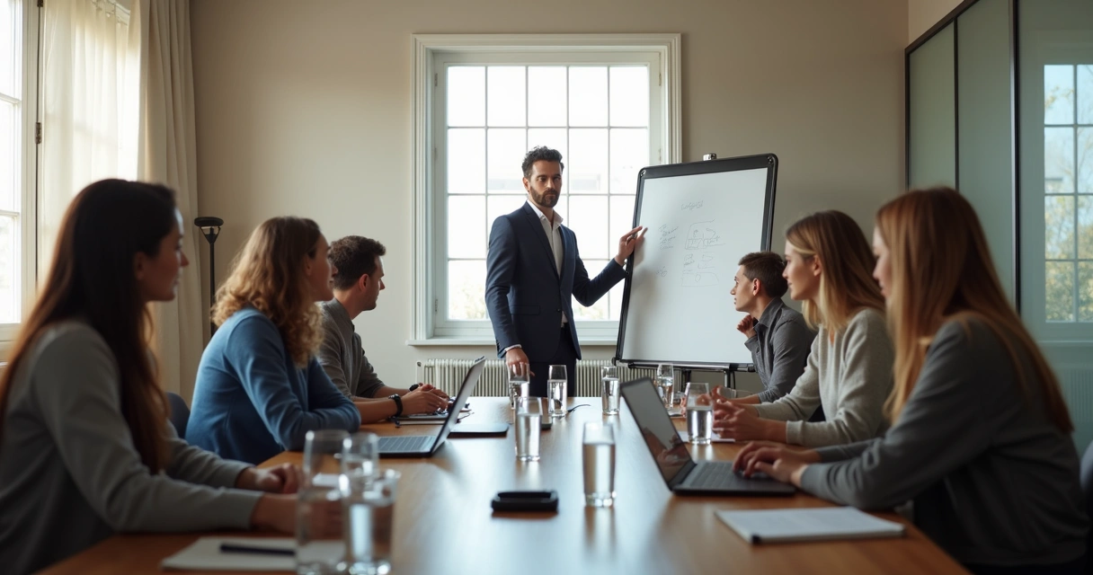 Team in a meeting with devices aside and full attention on discussion