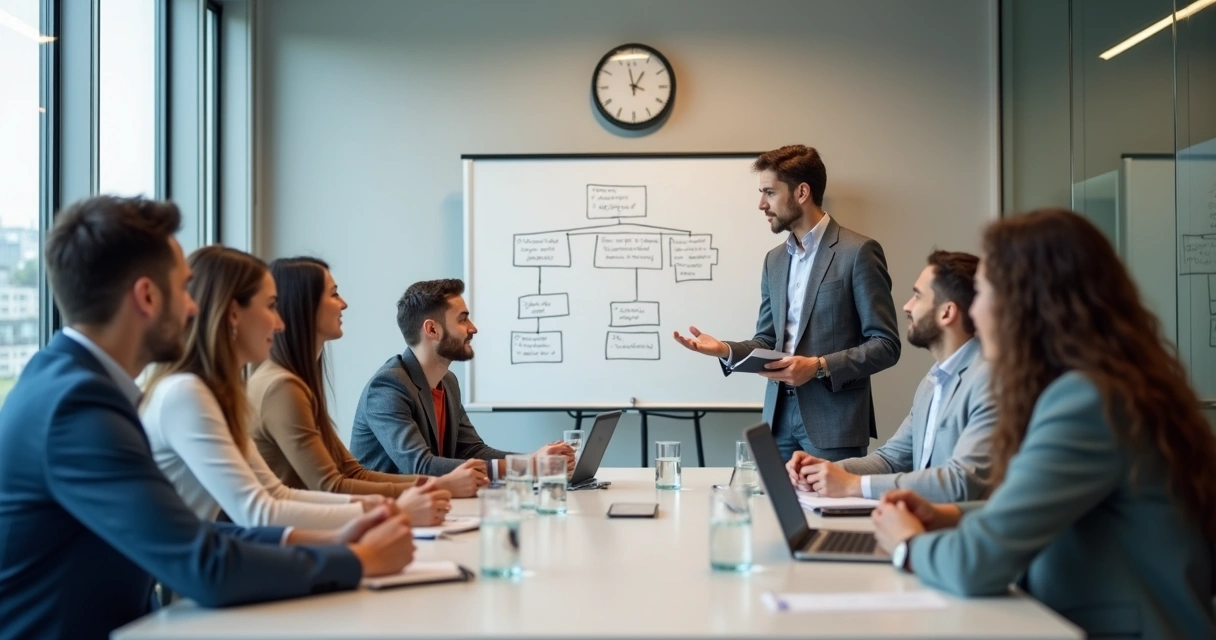 Focused team in a structured meeting room 