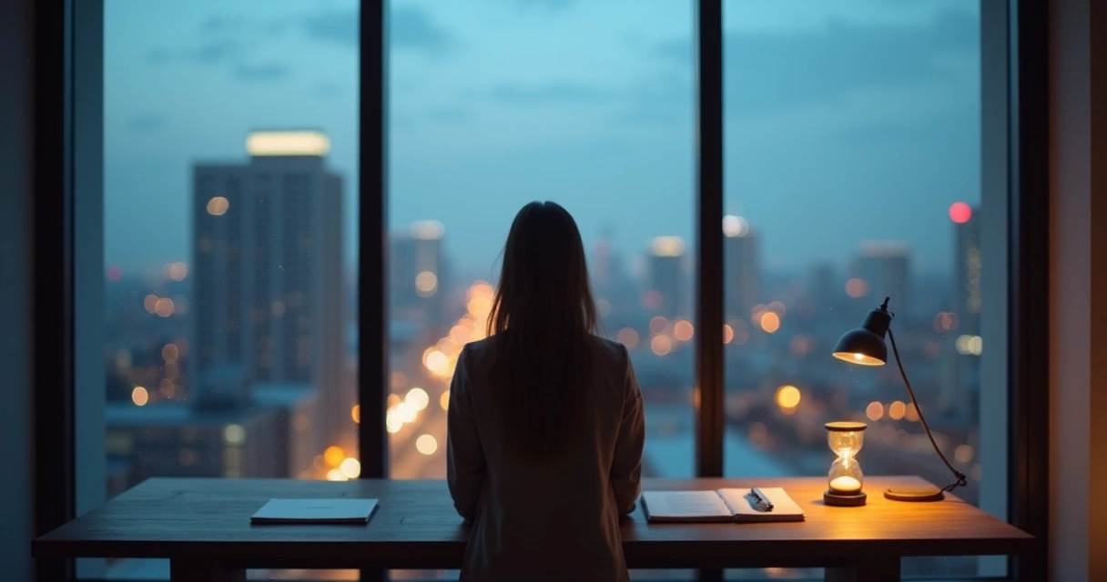 Person looking out a window at a city with sharp focus surrounded by blurred distractions 