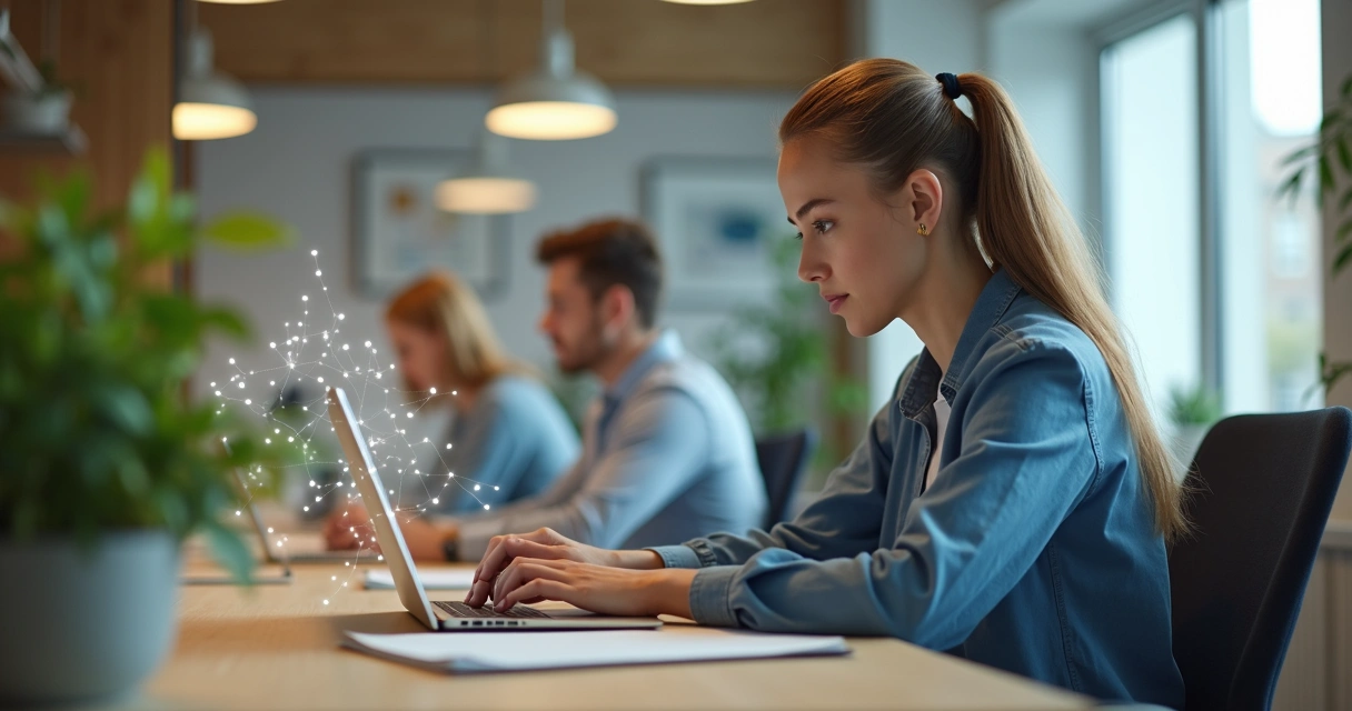 Worker at desk connected to team through visual network lines