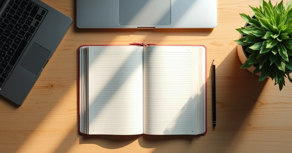 Tidy desk with a notebook, pencil, and laptop 