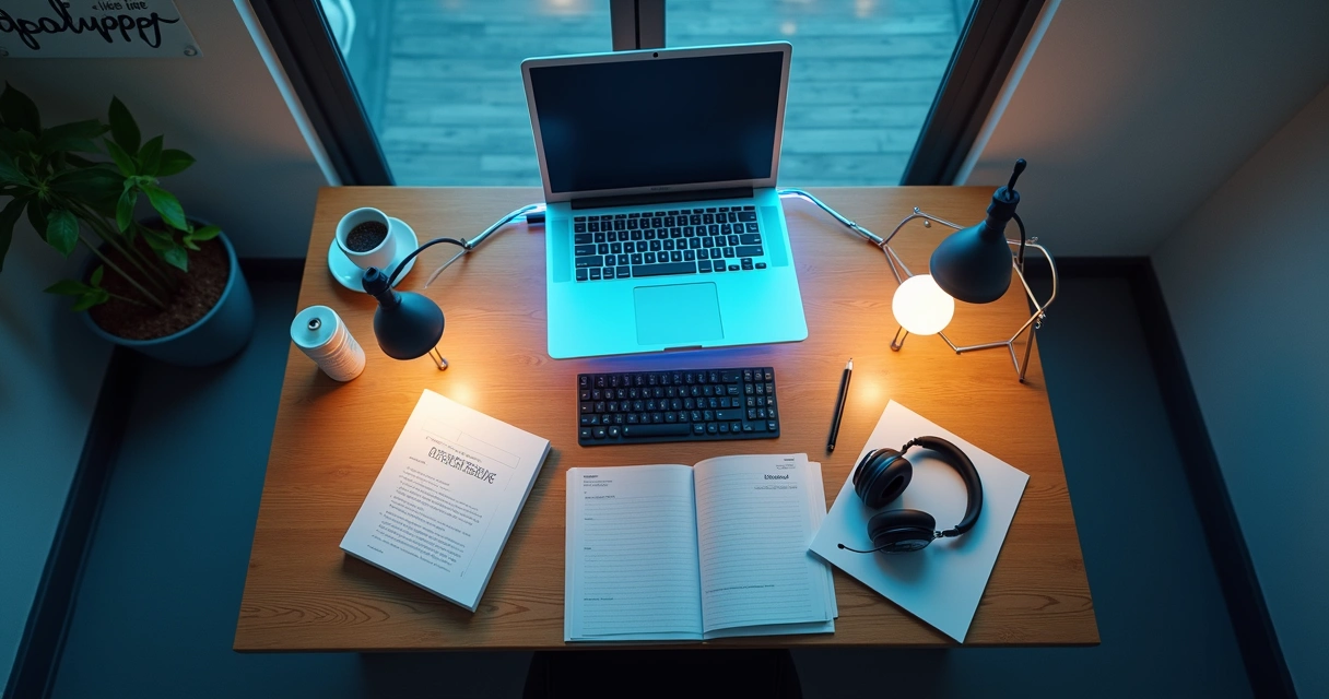 Overhead view of a workspace showing different layered boundaries like a closed laptop, smartphone on silent, headphones, closed door 