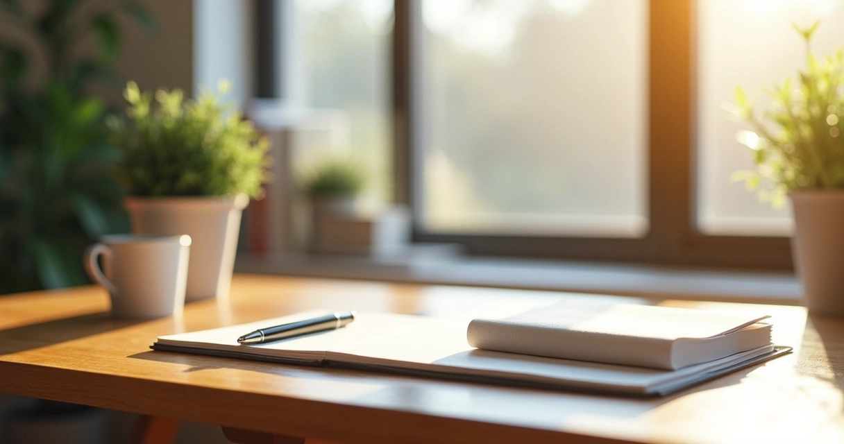 Tidy workspace by a bright window with notebook, pen, and plant 
