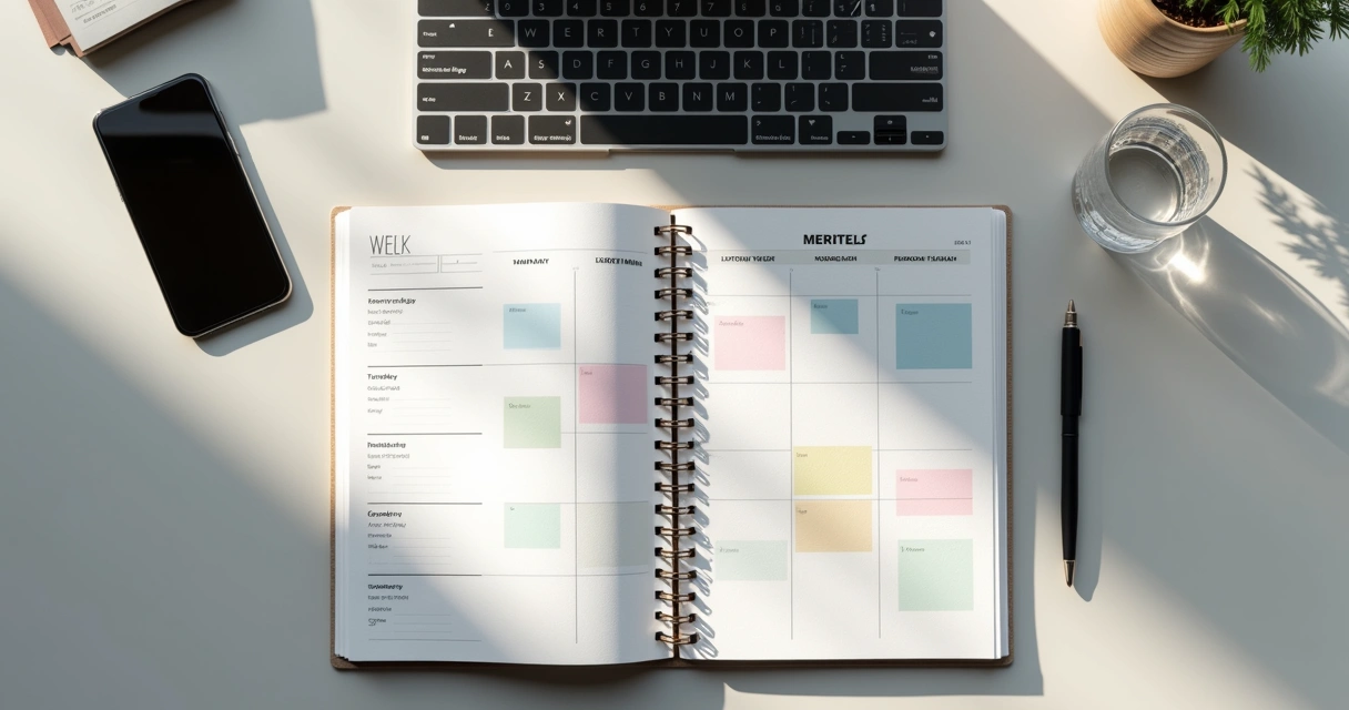 Planner and laptop on organized workspace for focused leadership 