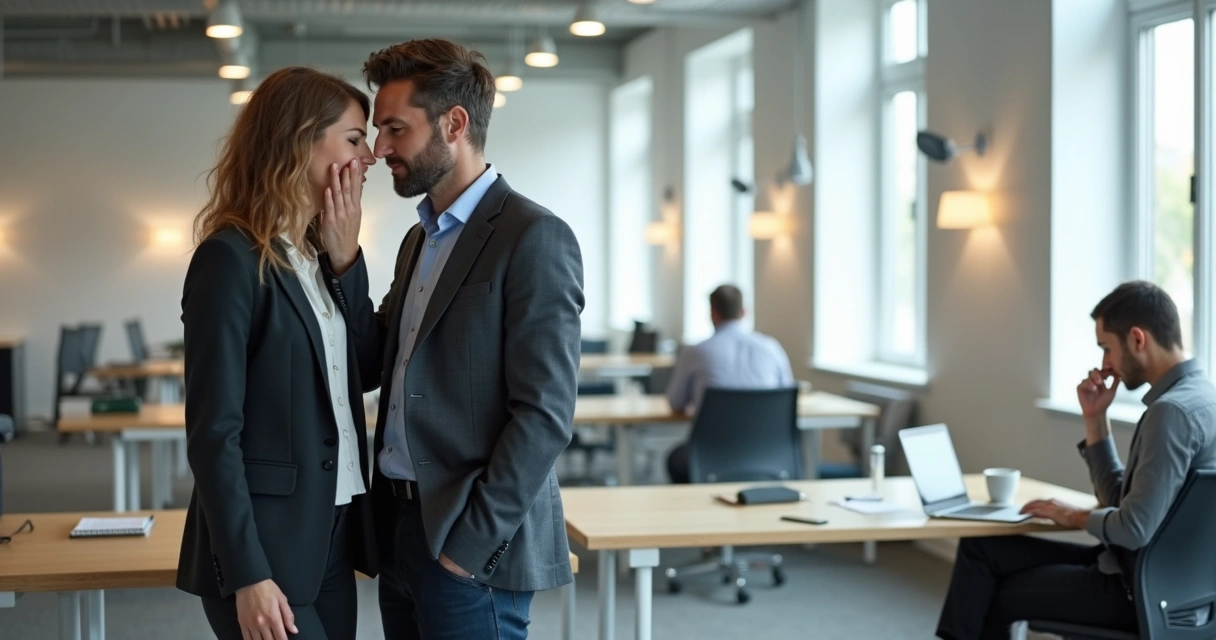 Dois colegas sussurrando enquanto observam outra pessoa trabalhando ao fundo 