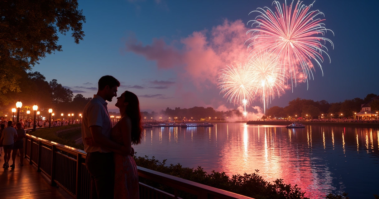 Casal assistindo aos fogos do Epcot no Boardwalk 