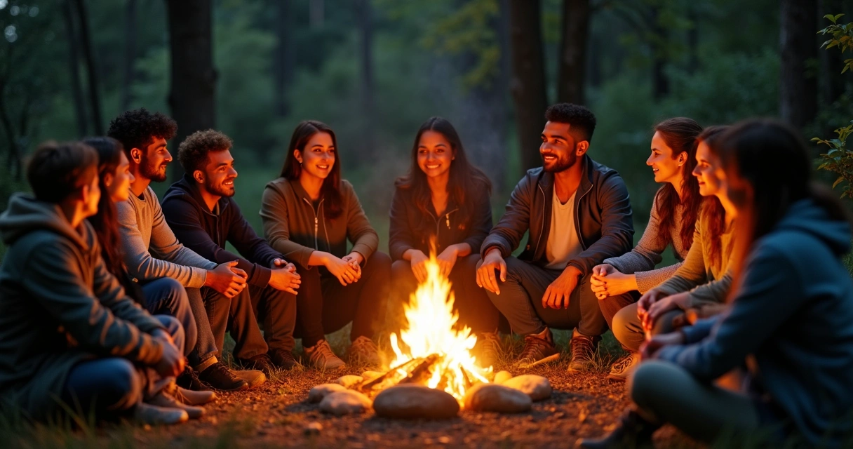 Grupo de pessoas em círculo em torno de uma fogueira, ao entardecer, em um ambiente natural 