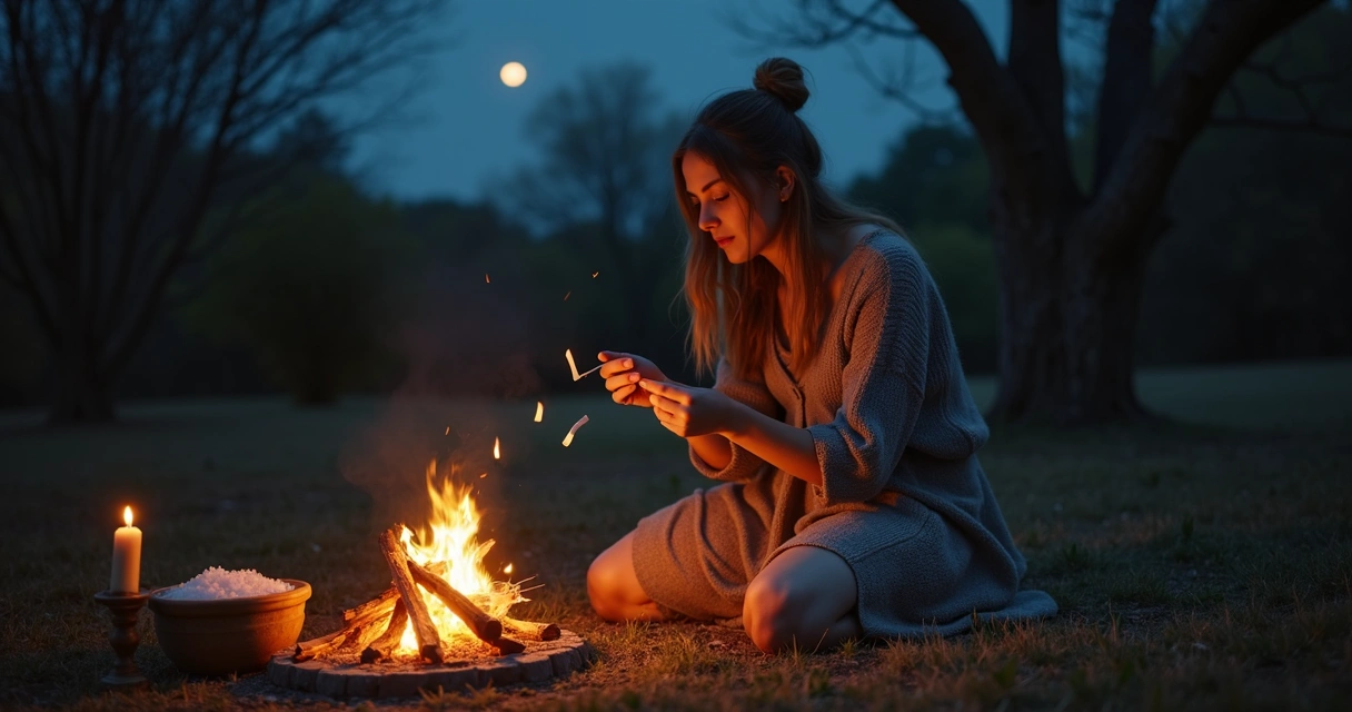 Mulher queimando papéis em fogueira em ritual noturno