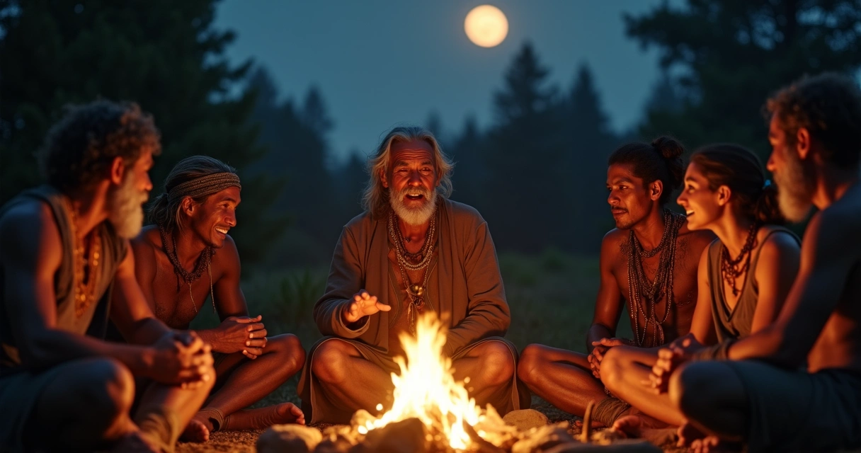 Grupo reunido ao redor de uma fogueira ouvindo uma pessoa falar 