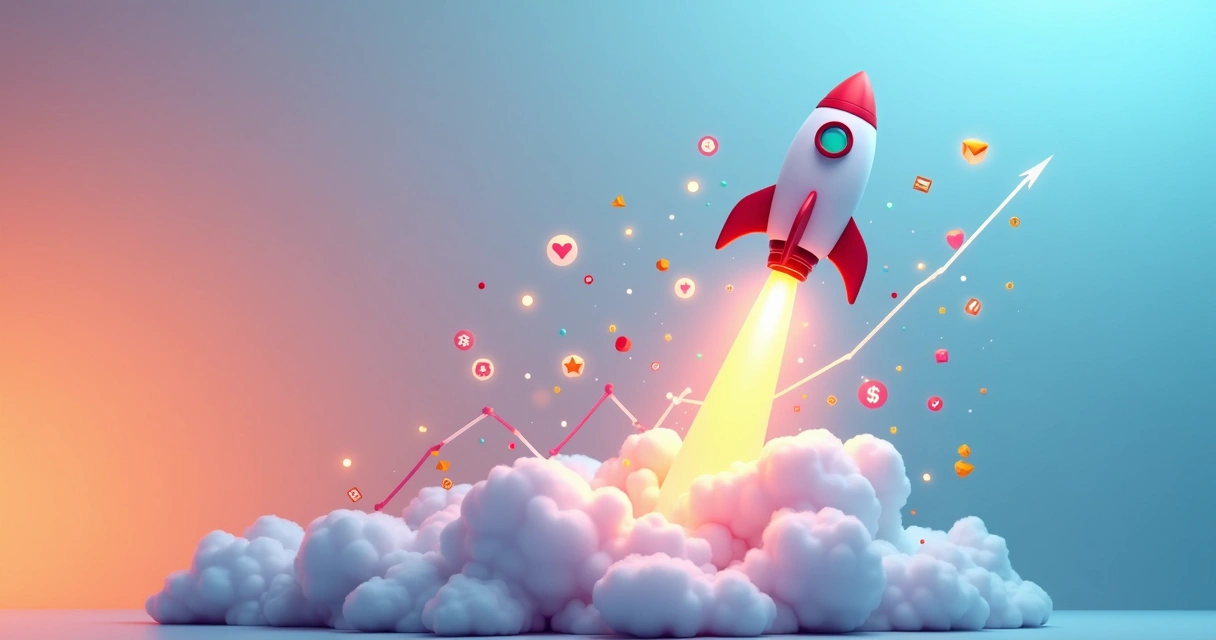 Gráfico subindo e foguete representando crescimento de negócios. 