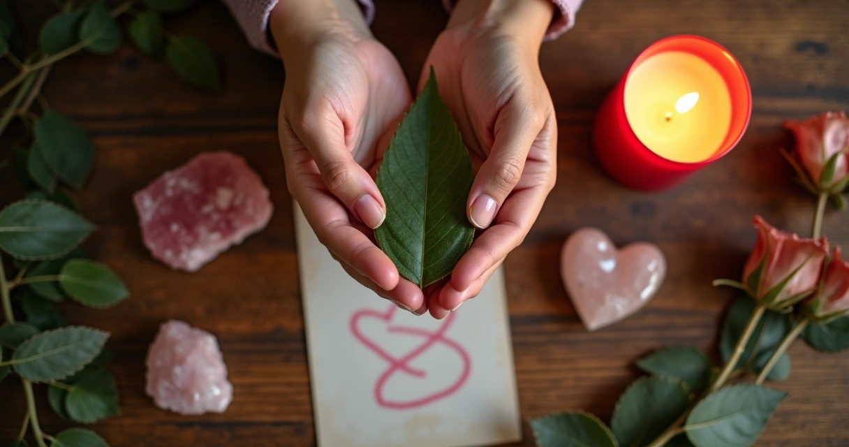 Duas mãos femininas segurando folha de louro sobre mesa com velas e cristais 