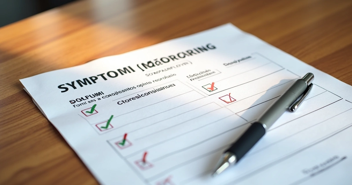 Folha preenchida com lista de sintomas gastrointestinais e caneta ao lado.