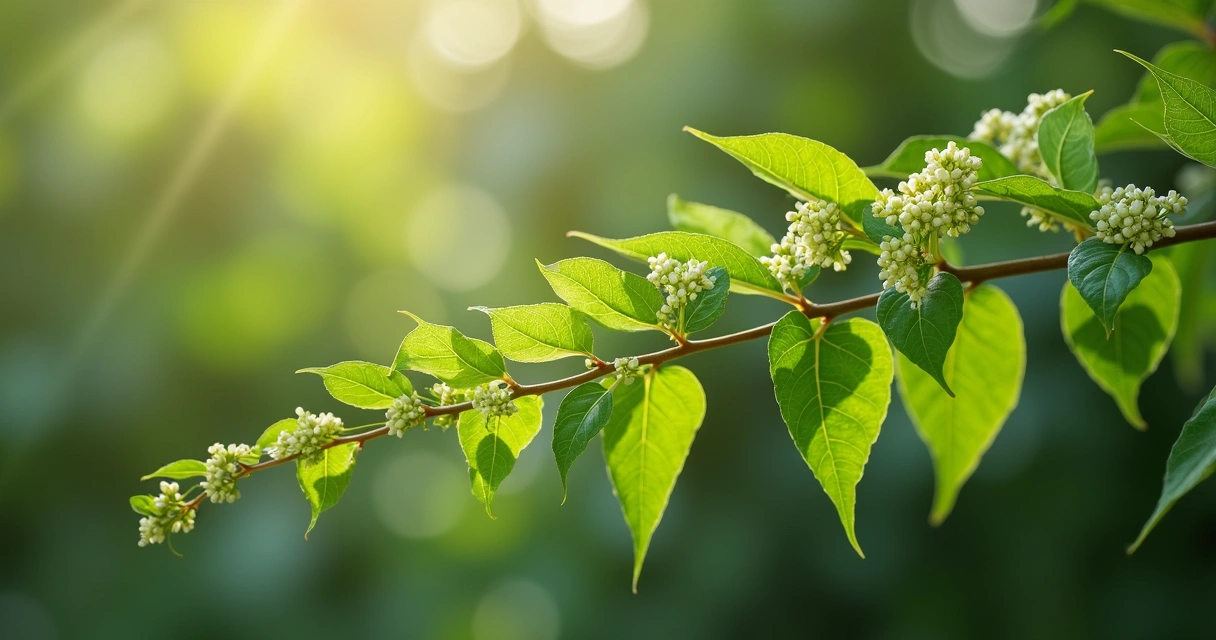 Ramo de moringa com folhas verdes e pequenas flores claras