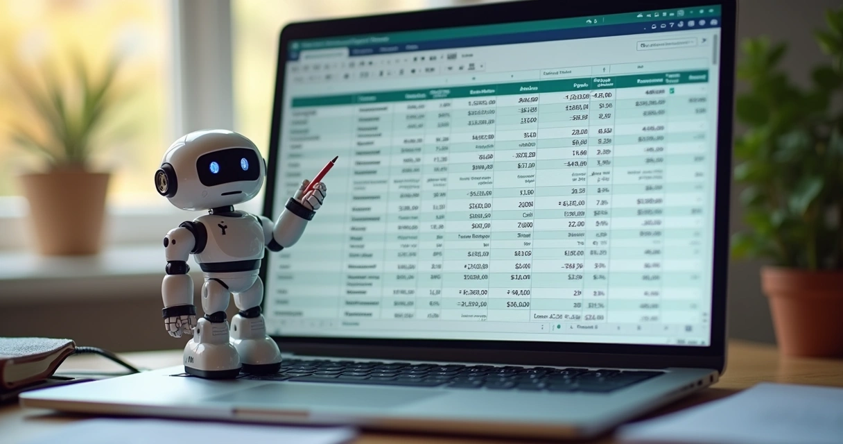 Planilha de folha de pagamento gerada digitalmente com robô analisando 