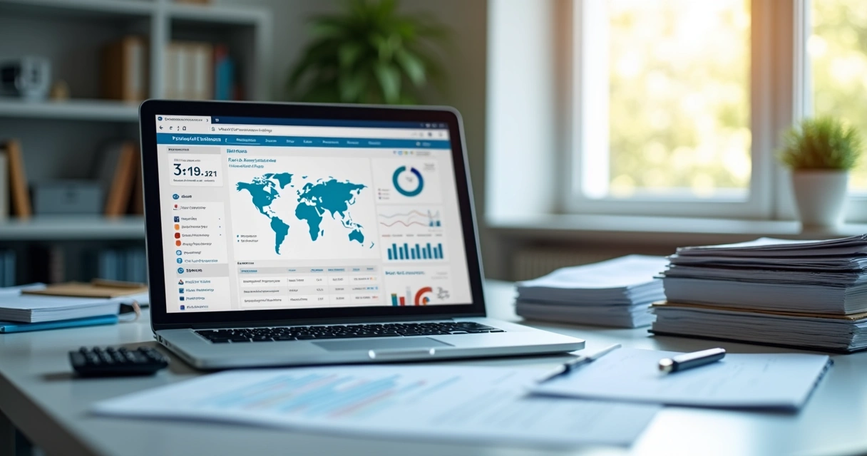 Tela de folha de pagamento com documentos e notebook em escritório