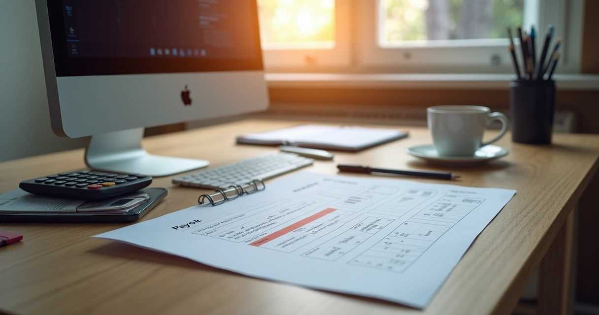 Folha de pagamento e calculadora ao lado de computador em mesa de empresa pequena