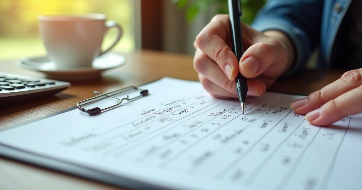Pessoa preenchendo planilha financeira manual