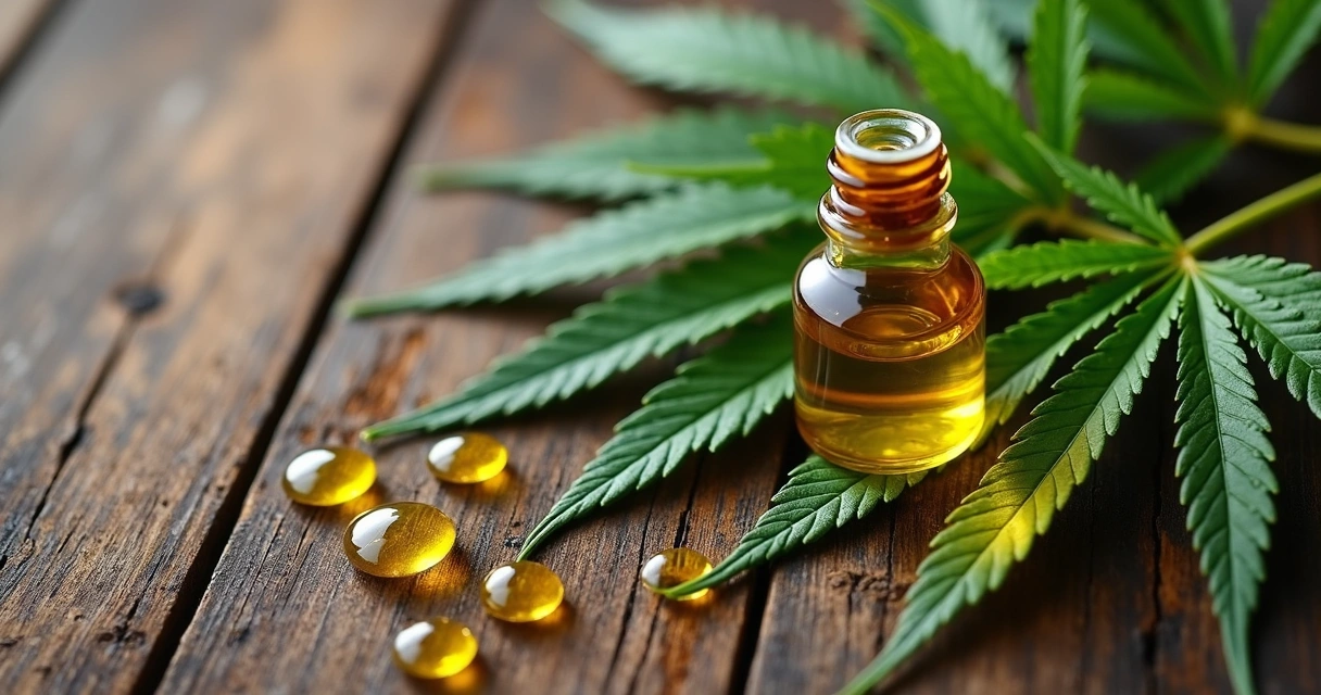 Folha de cannabis e gotas de óleo essencial sobre superfície de madeira 