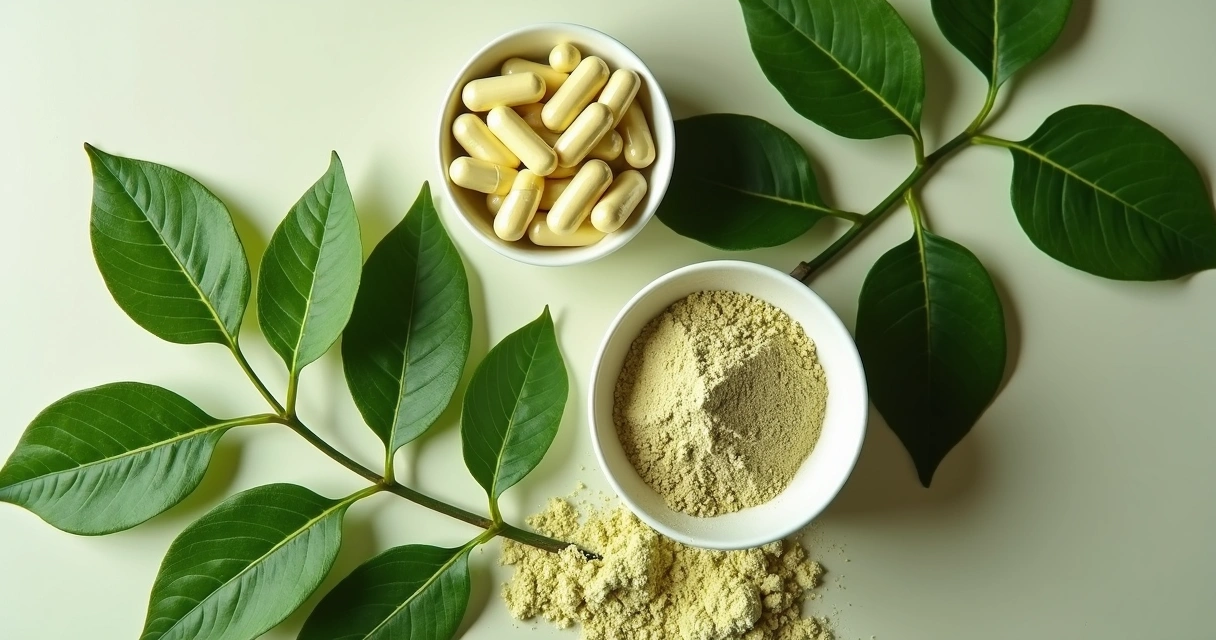 Folhas frescas de moringa com cápsulas e pó natural em fundo claro 
