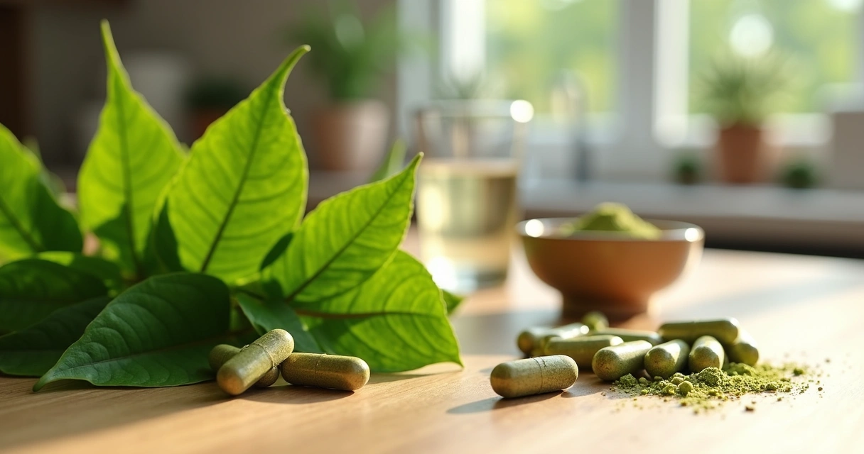 Folhas verdes e cápsulas de moringa sobre uma mesa de madeira clara
