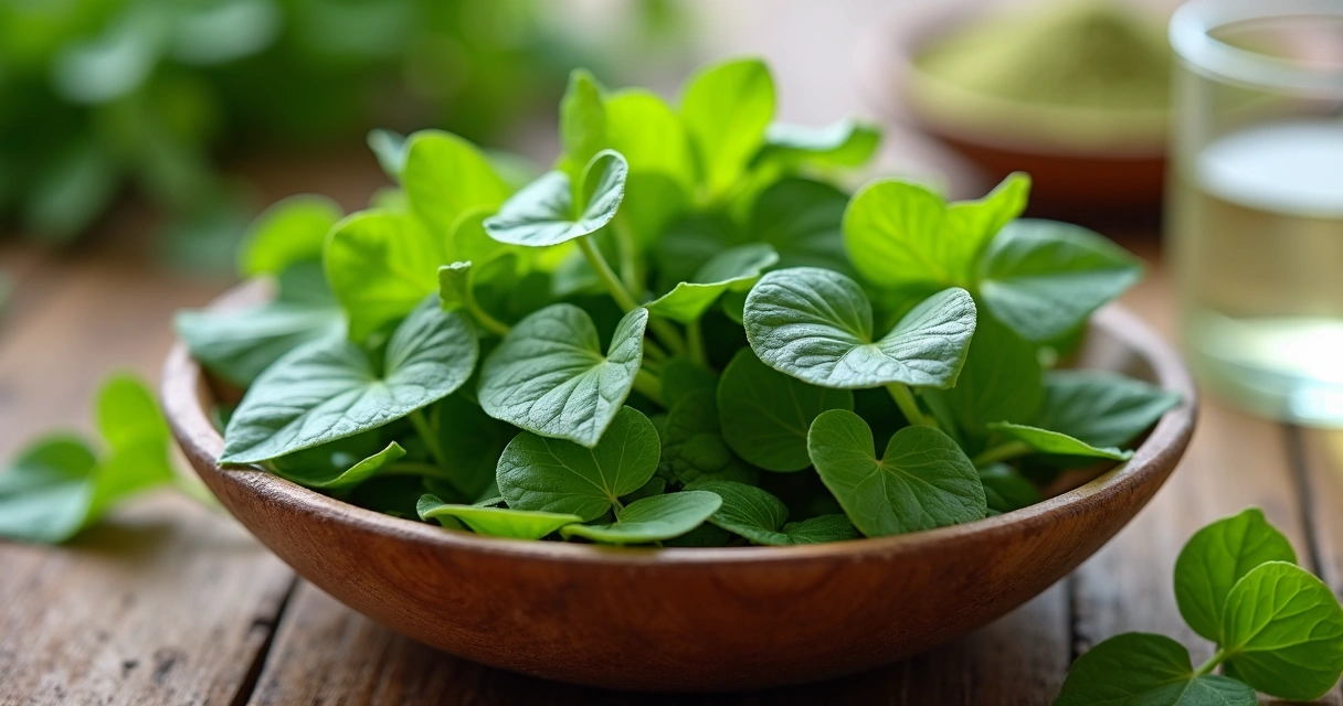Folhas frescas de moringa em uma tigela de madeira
