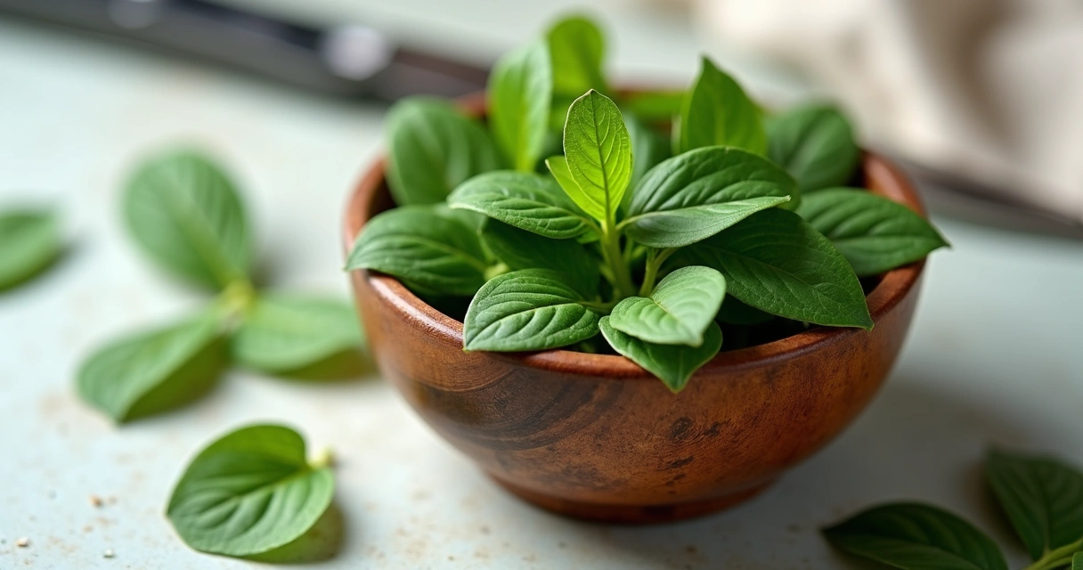 Folhas frescas de moringa em tigela de madeira 