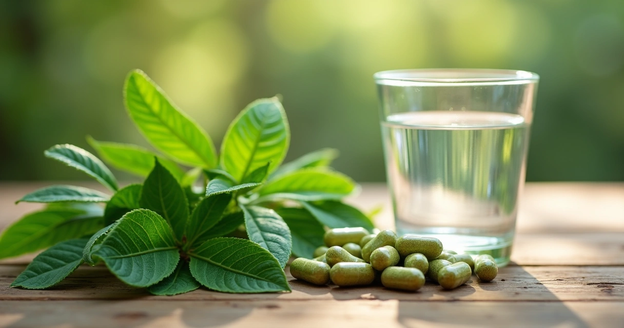 Folhas frescas de moringa e cápsulas ao lado de um copo de água