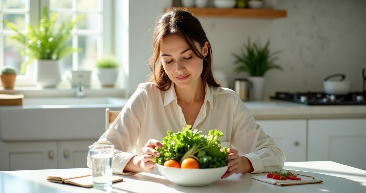 Mulher analisa folhas verdes e legumes variados em mesa branca 