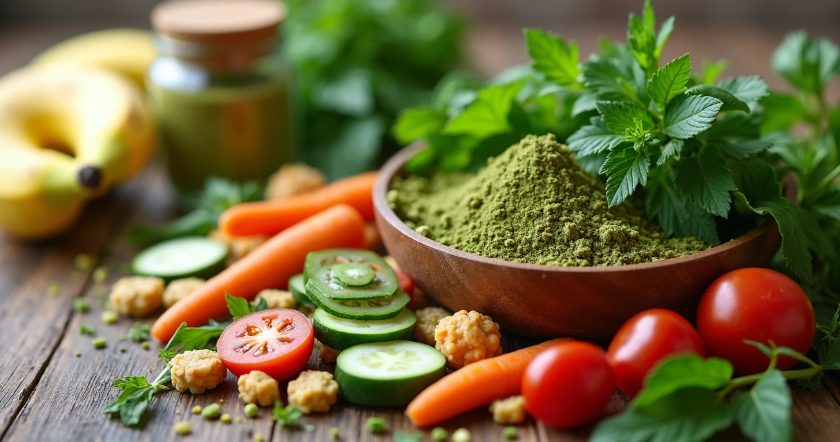 Folhas de moringa misturadas a sobras de alimentos em uma mesa