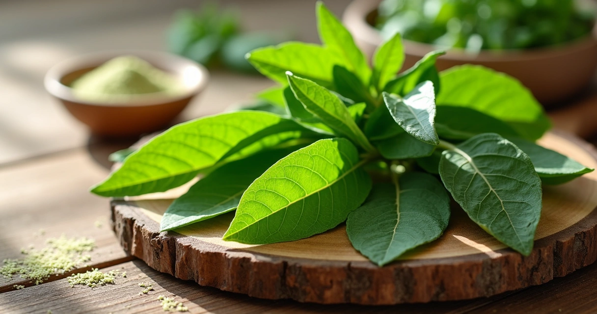Folhas frescas de moringa sobre uma tábua de madeira 