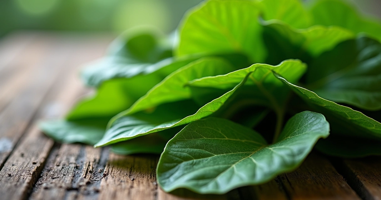 Folhas frescas de moringa em uma superfície de madeira, destacando sua aparência verde vibrante