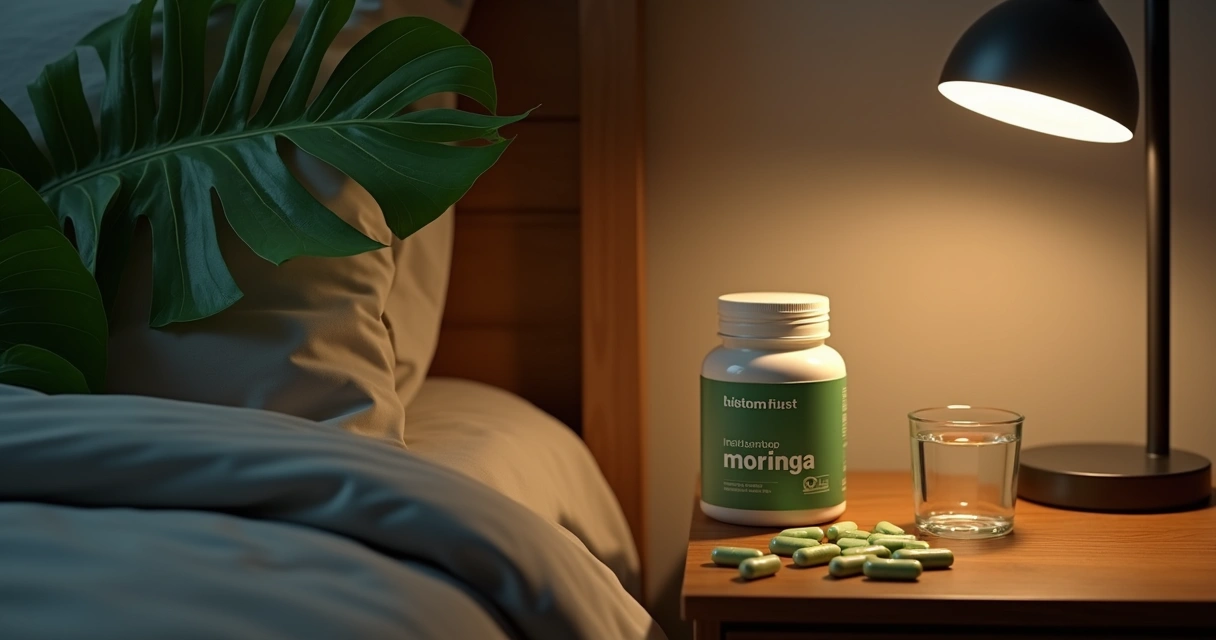 Folhas de moringa, cápsulas e um copo d’água em uma mesa de cabeceira ao lado de uma cama