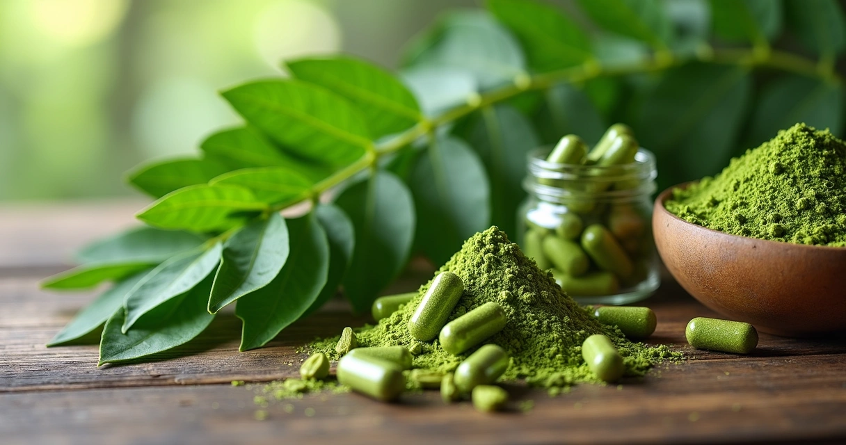 Folhas de moringa frescas ao lado de cápsulas e pó. 