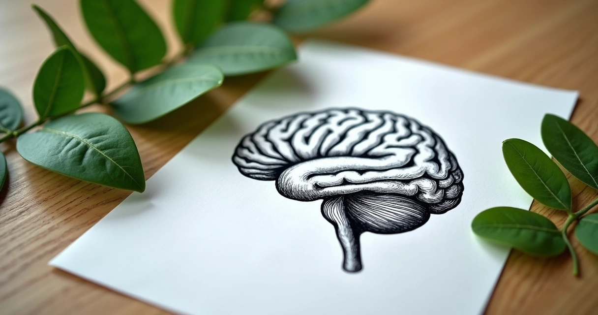 Folhas de moringa frescas próximas a um desenho de cérebro humano