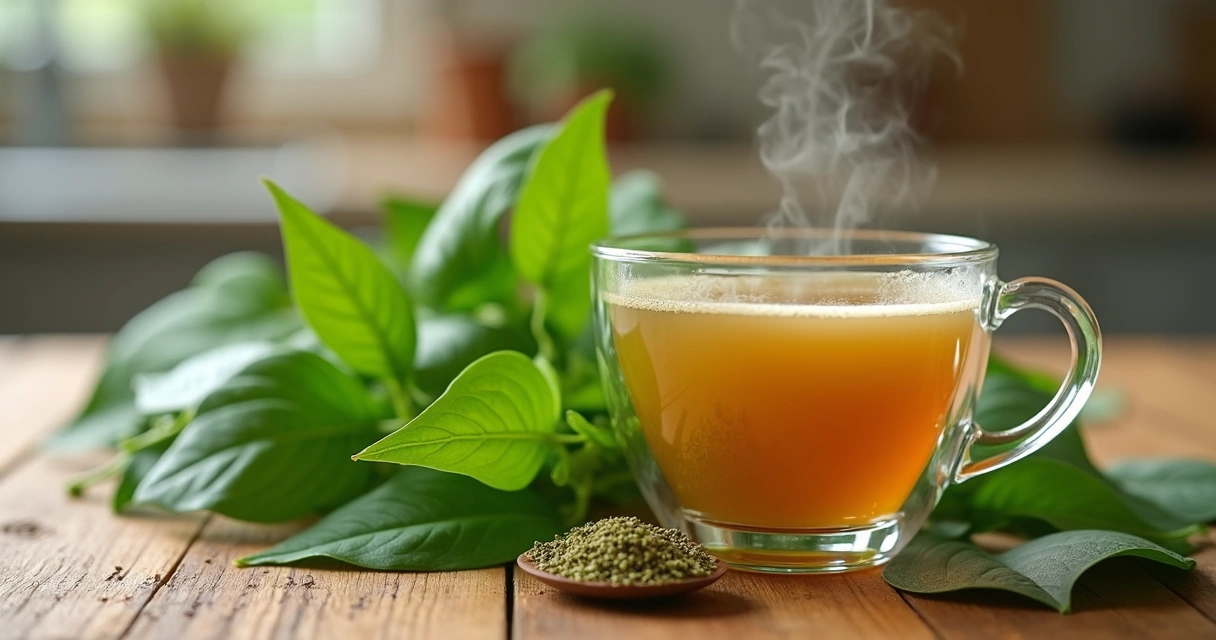 Folhas de moringa ao lado de bebida natural