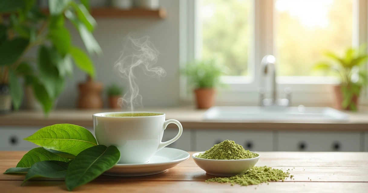 Folhas de moringa ao lado de xícara com bebida quente
