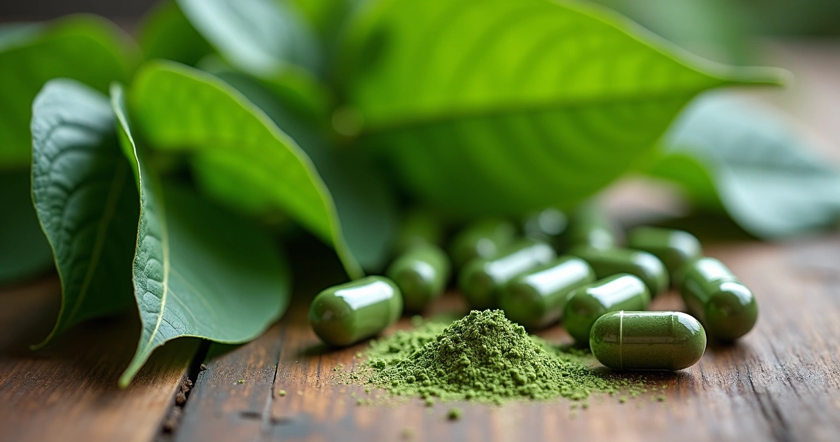 Folhas frescas de moringa e cápsulas destacando textura verde detalhada