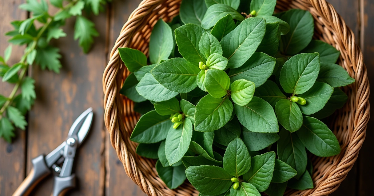 Folhas de moringa recém-colhidas em cesto 