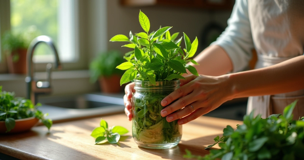 Folhas frescas de moringa recém-colhidas em recipiente de vidro na cozinha 